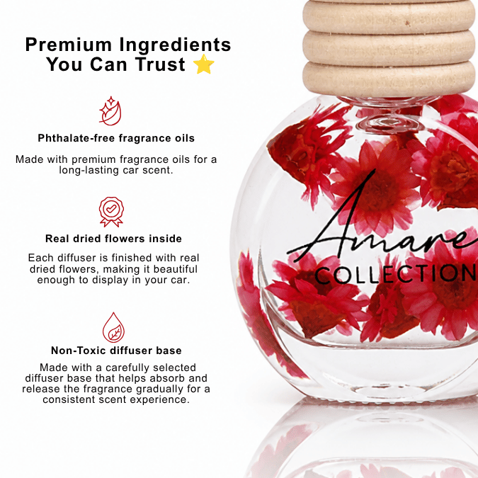 A clear glass car diffuser bottle with a light wood cap, filled with red dried flowers, shown on a white background with marketing text about premium ingredients and real dried flowers inside.