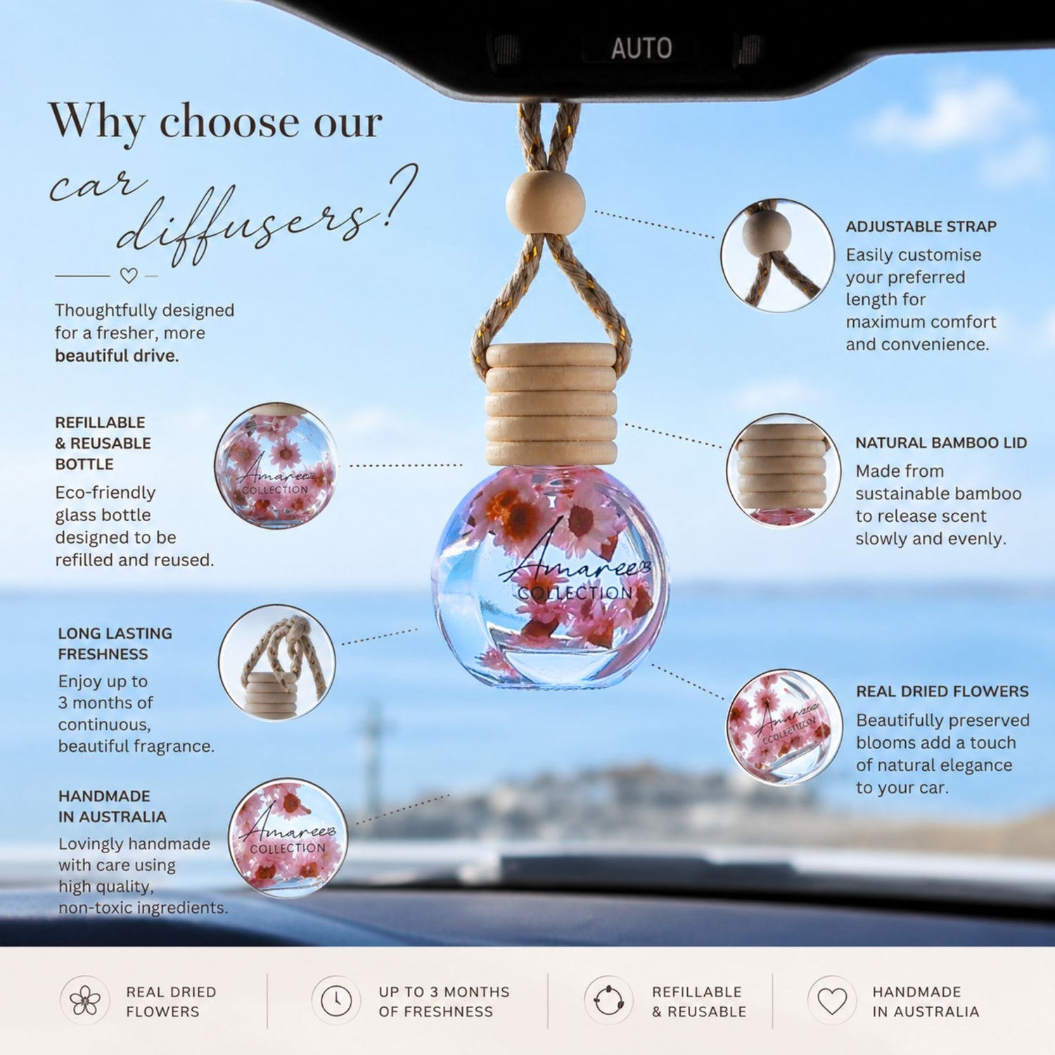 Car diffuser with floral design hanging from a car&