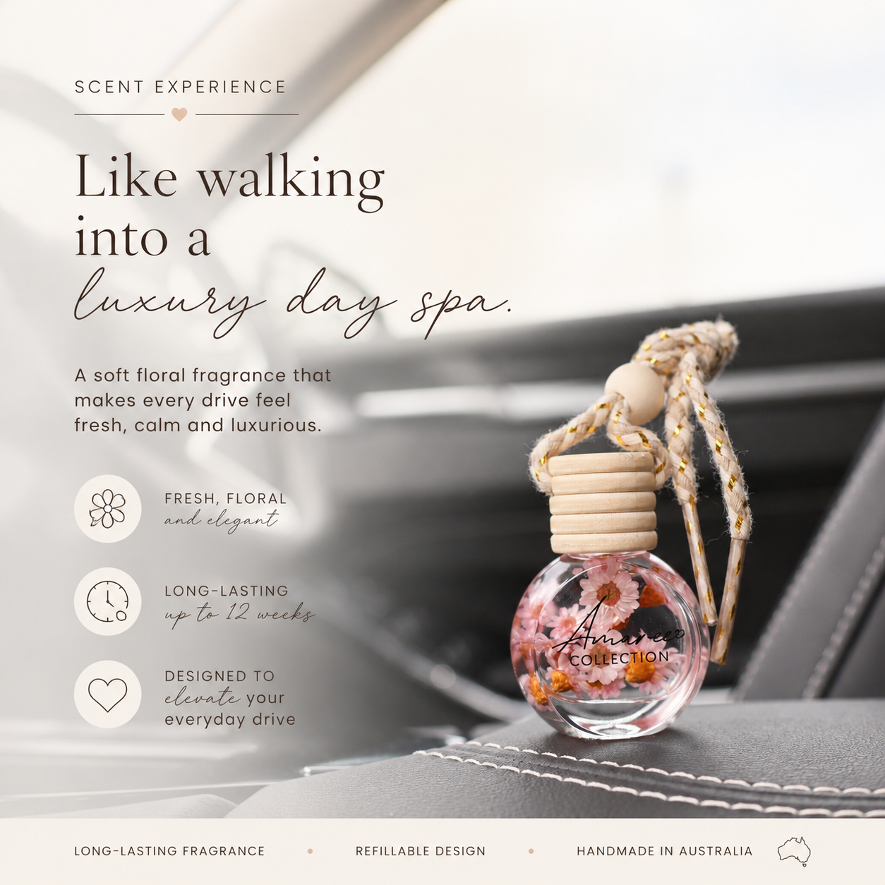 Car air freshener with floral design on a car dashboard, featuring text about its scent experience.