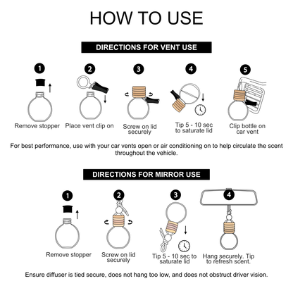Instruction diagram showing how to use a car diffuser with a built-in mirror. The top section, &