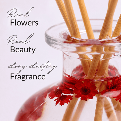 Glass diffuser with wooden sticks and red flowers on a light background with text about fragrance.