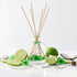 Reed diffuser with lime and coconut elements on a white background