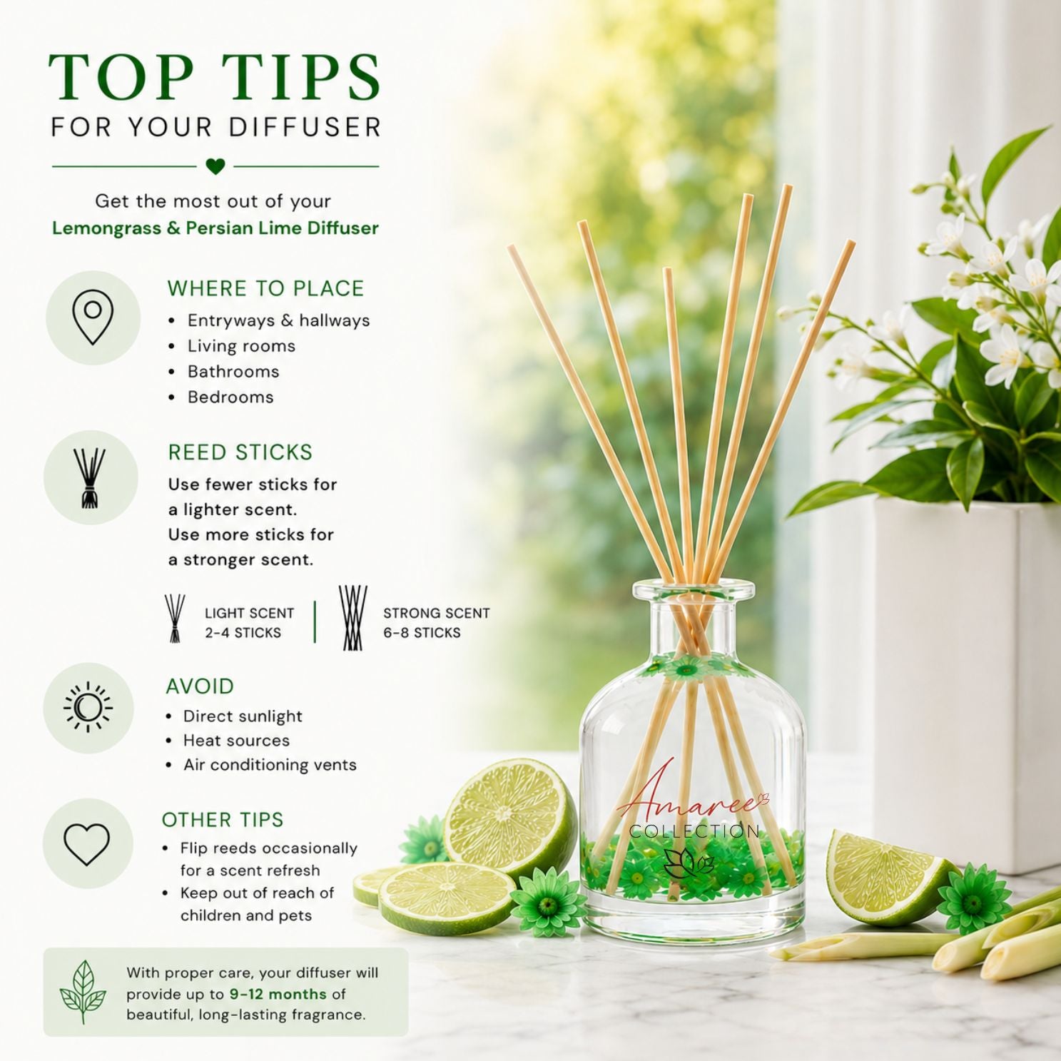 Diffuser with reed sticks and lime slices on a table with text on top tips for use.