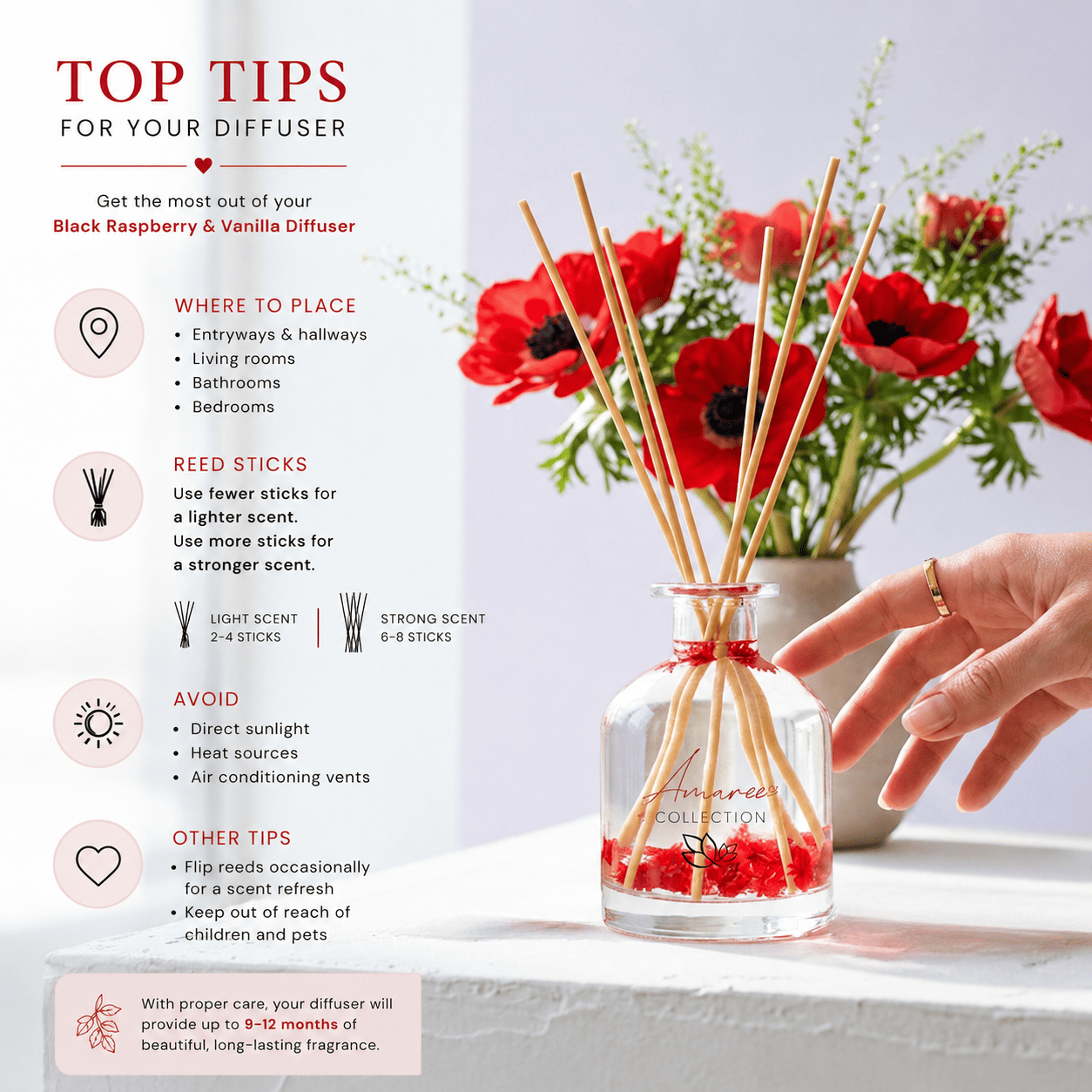 Diffuser with reed sticks and flowers, accompanied by top tips for its use.