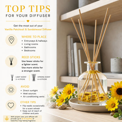 Vanilla Patchouli and Sandalwood home fragrance diffuser with reed sticks on a wooden surface, surrounded by sunflowers.