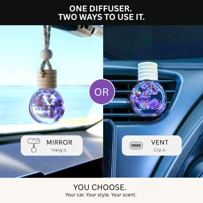 A car air diffuser shown in two use cases: hanging from a rear-view mirror on the left and clipped to a car vent on the right. The product is a round glass bottle with a wooden cap and a purple floral liquid inside.