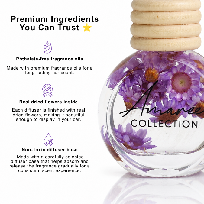 A clear glass car diffuser bottle with a light wood cap, filled with purple dried flowers, shown on a white background with marketing text on the left. The brand name &
