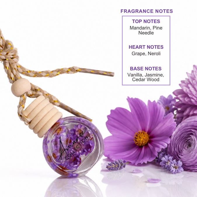 A glass reed diffuser bottle with purple dried flowers inside, hanging from a beige cord with wooden beads, shown beside purple flowers and a printed fragrance notes panel on a white background.