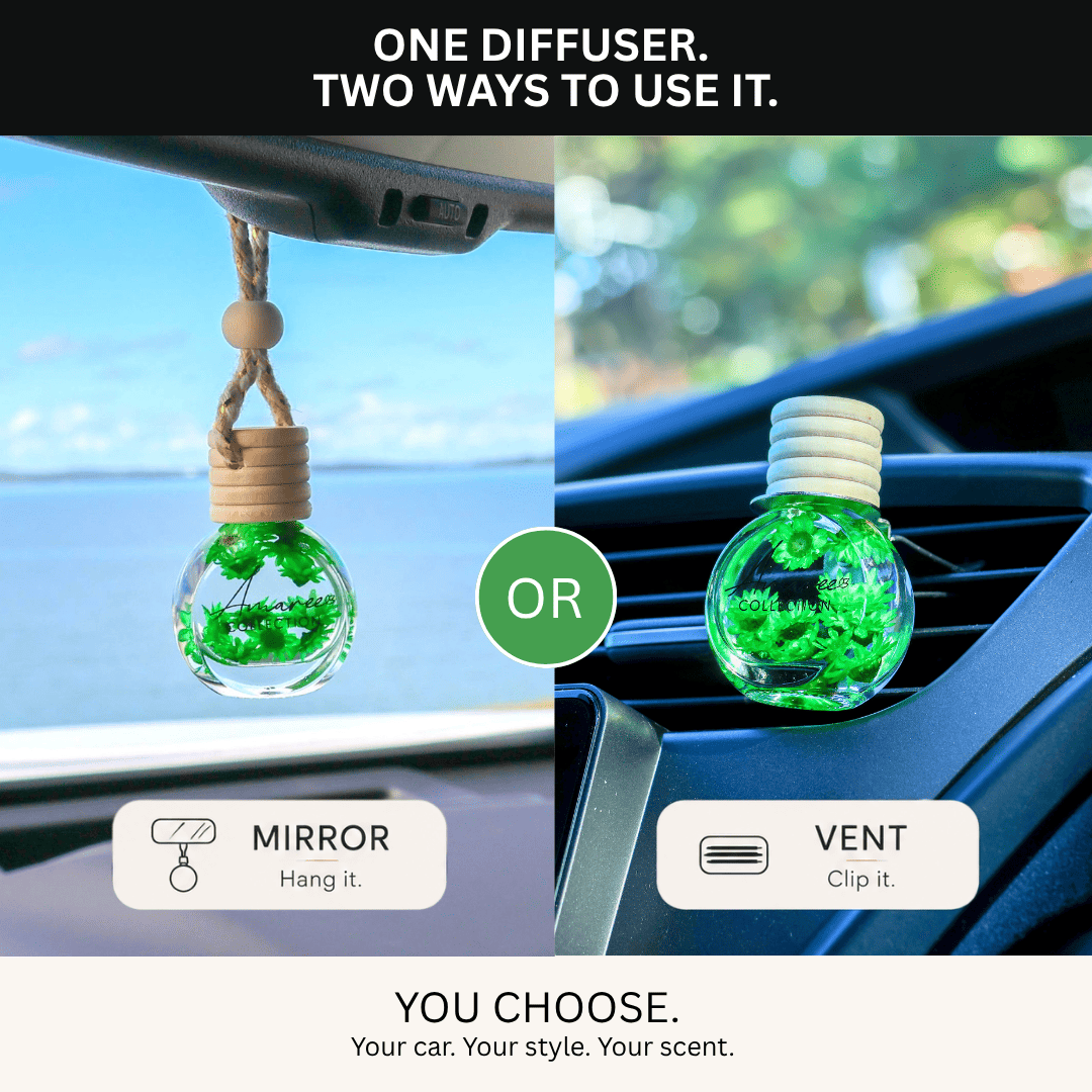 Promotional graphic showing a car air diffuser in two use cases: hanging from a mirror on the dashboard by a rope, or clipped onto the windshield air vent. The diffuser has a clear glass bulb with green glittery contents, a light wood cap, and a white ribbed collar.