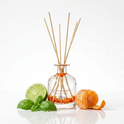 Reed diffuser with lime, orange, and basil on a white background