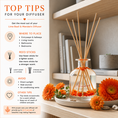 Aromatherapy diffuser with reed sticks and orange flowers on a wooden surface, with top tips for use displayed.