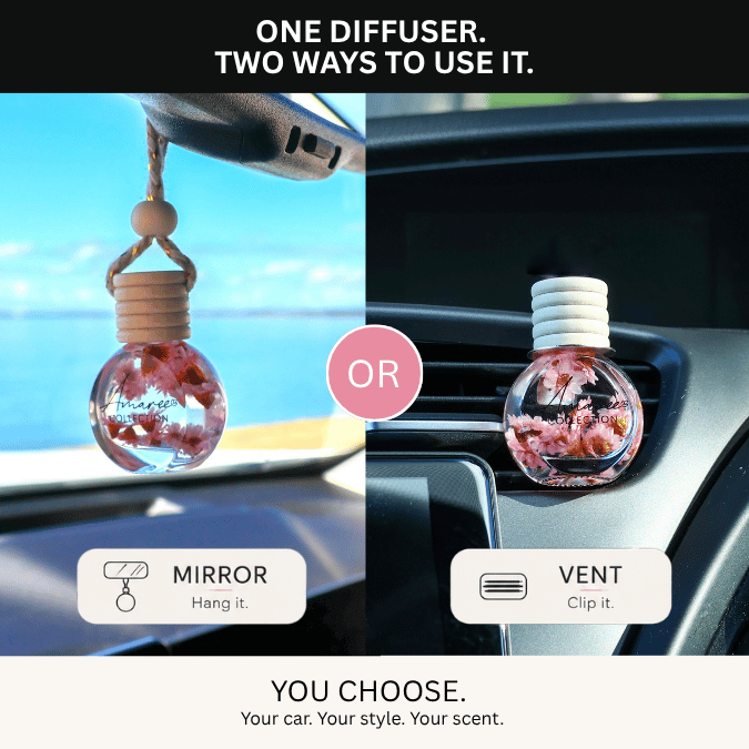 A split-screen comparison showing two ways to use a car air diffuser: hanging it from a rear-view mirror on the left, or clipping it onto a car air vent on the right. The diffuser has a clear glass globe with pink dried flowers inside, a beige wooden cap, and a white screw-on collar.