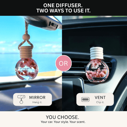 A split-screen comparison showing two ways to use a car air diffuser: hanging it from a rear-view mirror on the left, or clipping it onto a car air vent on the right. The diffuser has a clear glass globe with pink dried flowers inside, a beige wooden cap, and a white screw-on collar.