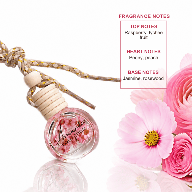A small round glass reed diffuser bottle with pink flower pieces inside, hanging from a braided beige cord, shown on a white background with fragrance notes text and pink flowers beside it. The bottle label reads &