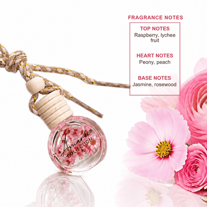 A small round glass reed diffuser bottle with pink flower pieces inside, hanging from a braided beige cord, shown on a white background with fragrance notes text and pink flowers beside it. The bottle label reads &