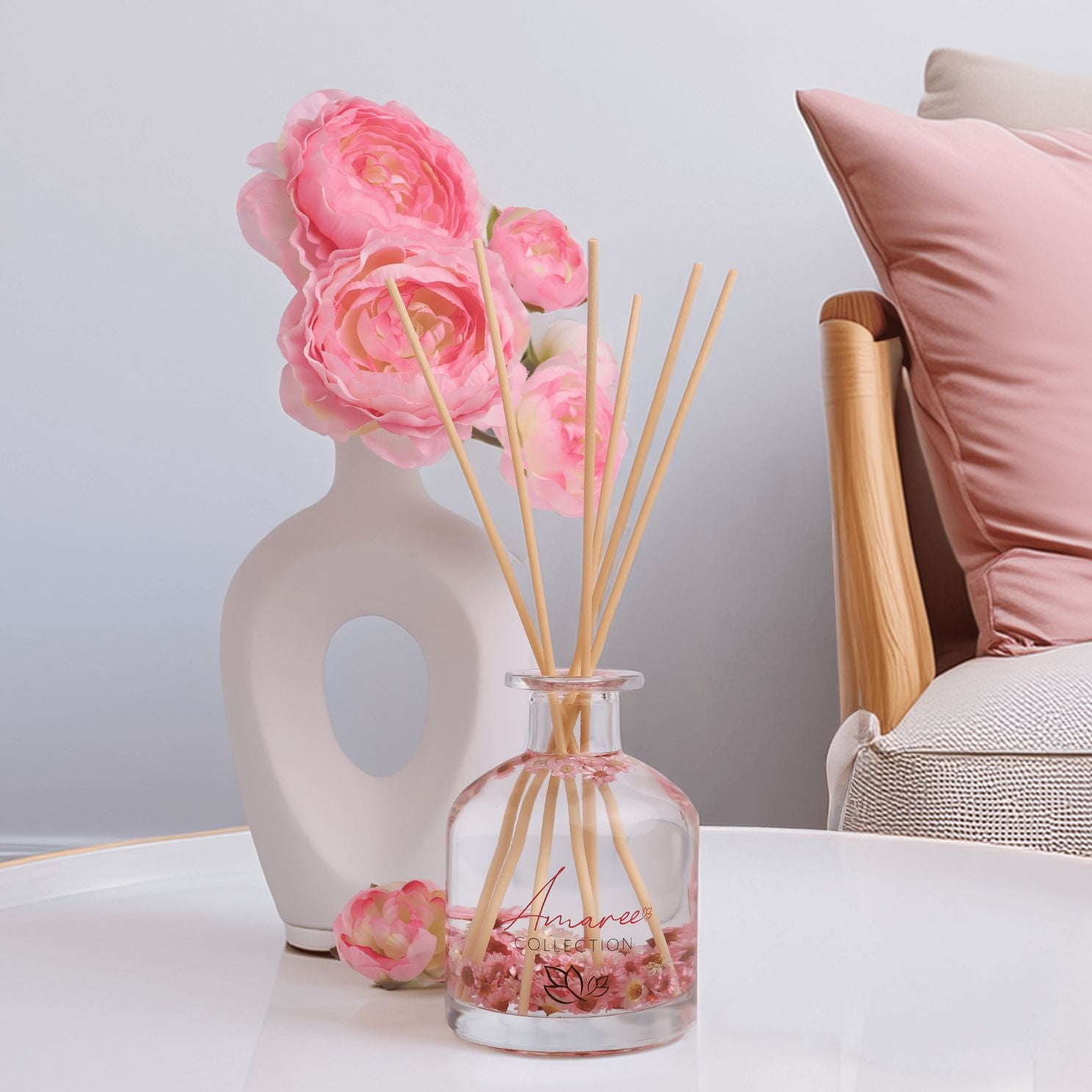lychee peony reed diffuser with flowers styled at home