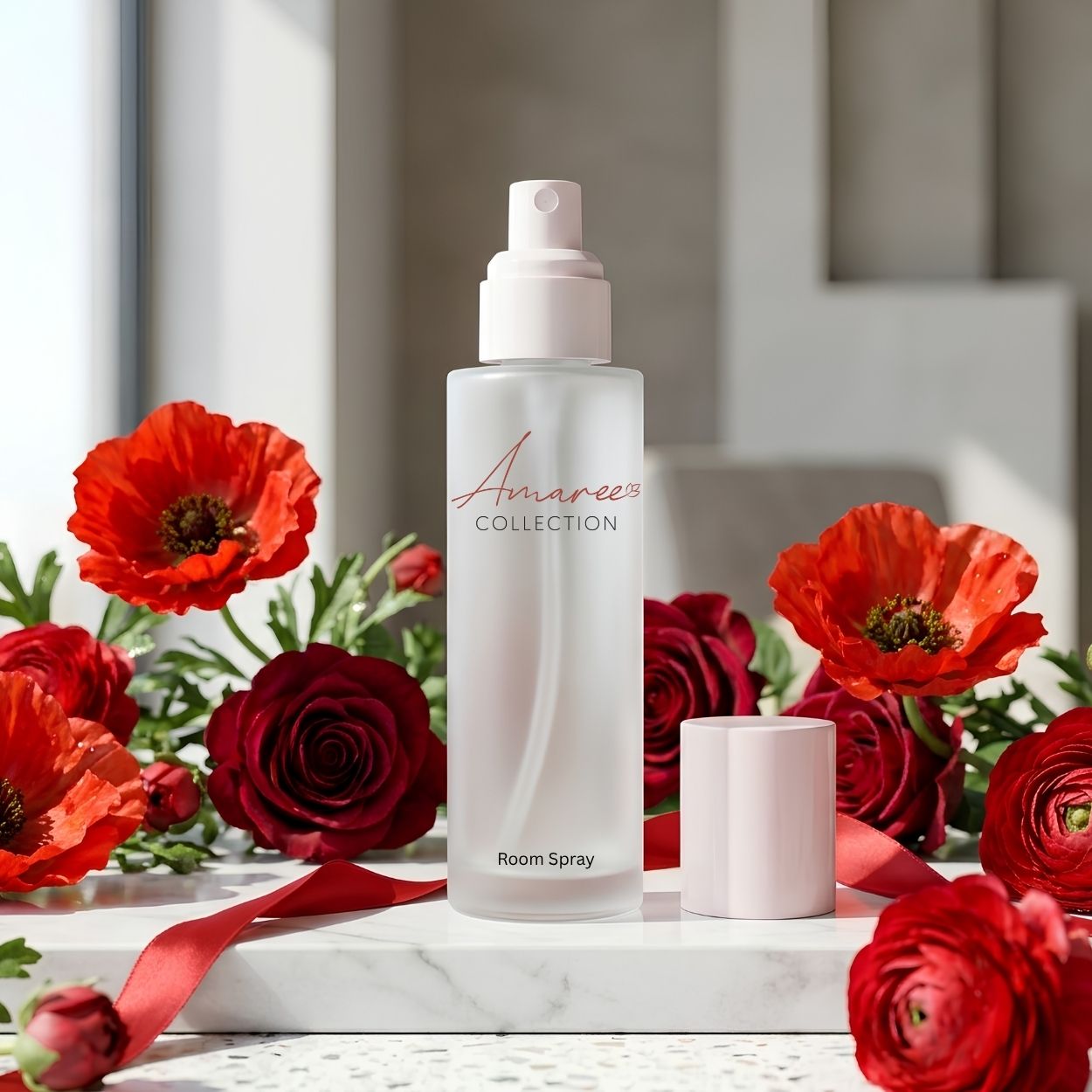 A frosted glass room spray bottle with a white pump and a small matching cap, branded &