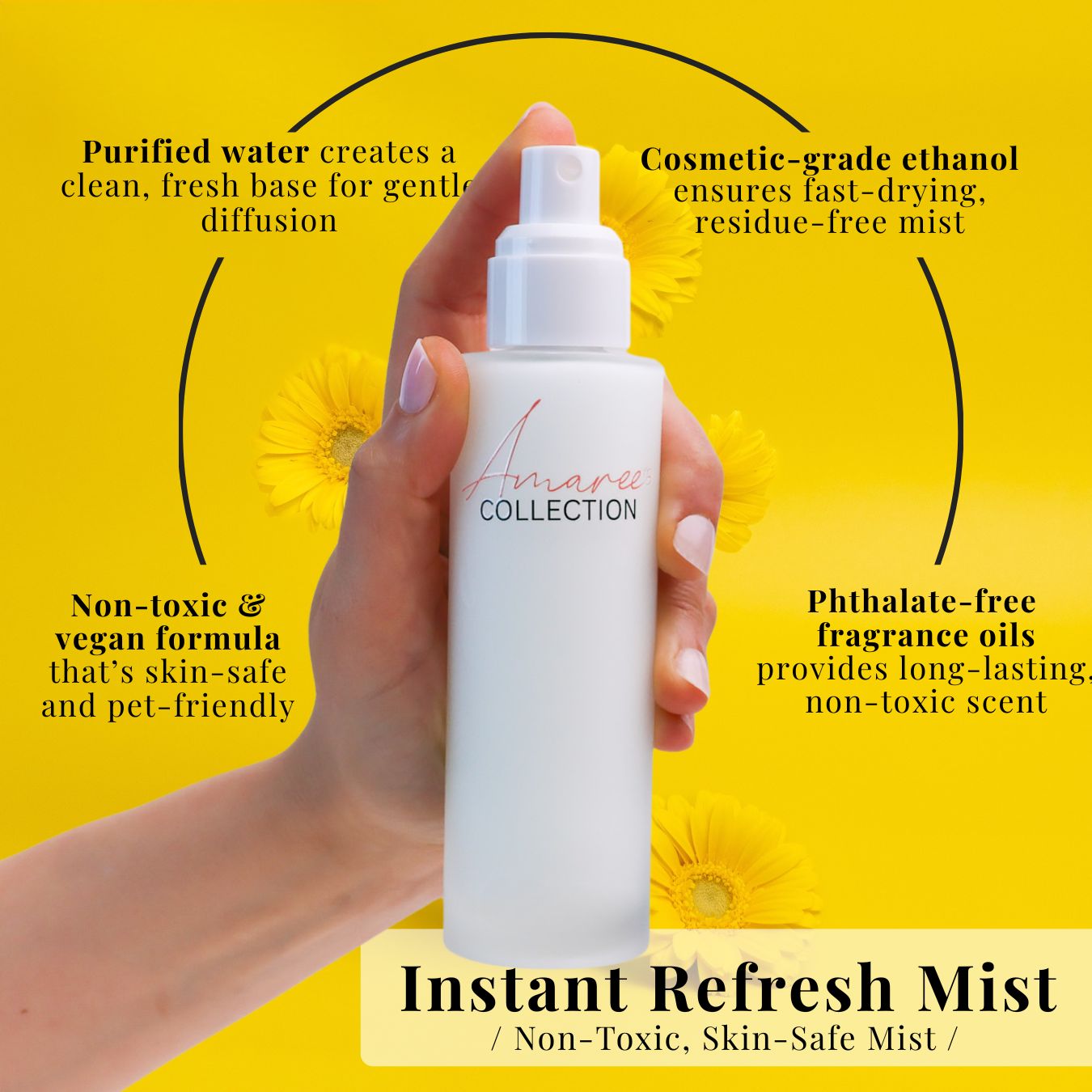 Hand holding a white spray bottle labeled &