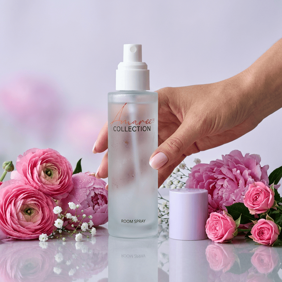 Hand holding a air freshener product bottle with pink flowers in the background