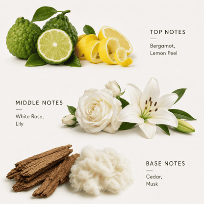 Perfume ingredients including bergamot, lemon peel, white rose, lily, cedar, and musk on a white background.