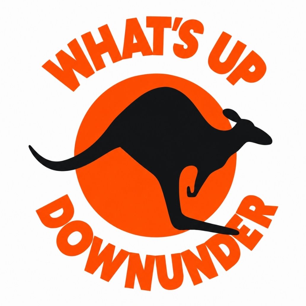 Logo with a kangaroo silhouette and text 'What's Up Downunder' on an orange circle background