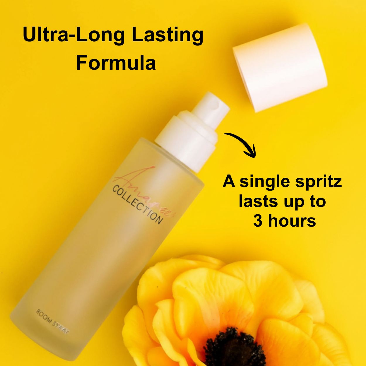 Skincare bottle with spray nozzle on a yellow background, featuring text about ultra-long lasting formula.