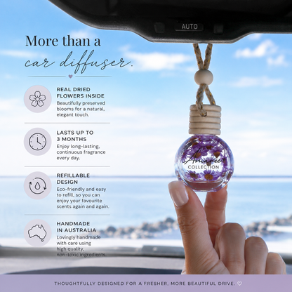 Car diffuser with dried flowers, held by a hand, against a scenic background.