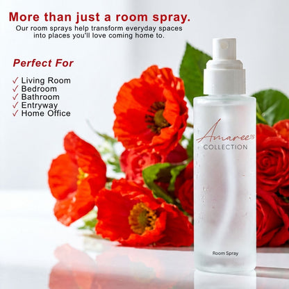 A frosted white room spray bottle labeled &