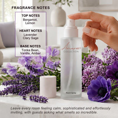 A hand pumps the spray top of a frosted cylindrical room spray bottle labeled &
