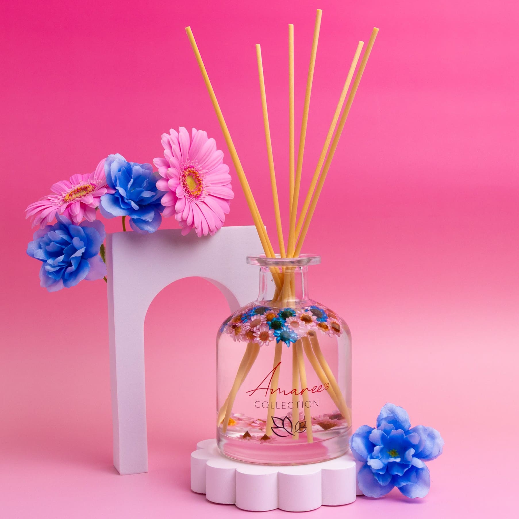 Pink Champagne & Exotic Fruits Reed Diffuser with Flowers | Amaree ...
