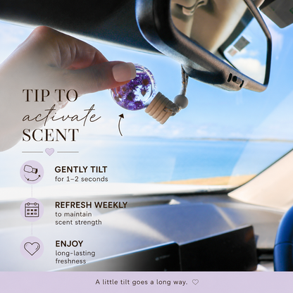 Car air freshener being activated with instructions on a car dashboard.