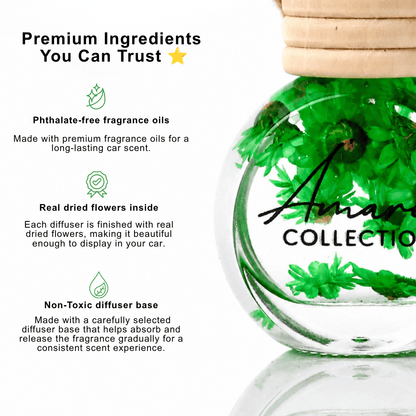 A clear glass car diffuser bottle with a light wood cap, filled with bright green dried flower pieces and featuring the brand name &
