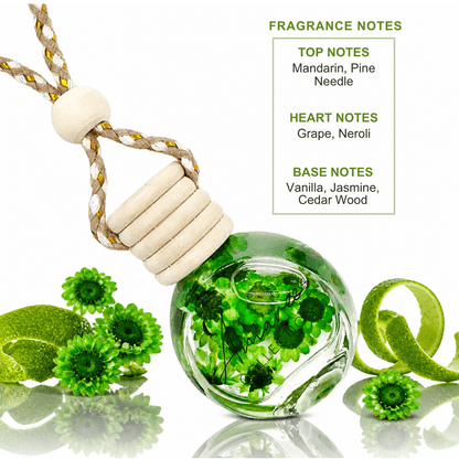 A glass fragrance diffuser or ornament with a beige rope loop and wooden bead cap, filled with green botanical elements. The product is shown on a white background with green citrus peels and flowers, alongside text listing fragrance notes: Mandarin, Pine, Needle, Grape, Neroli, Vanilla, Jasmine, and Cedar Wood.