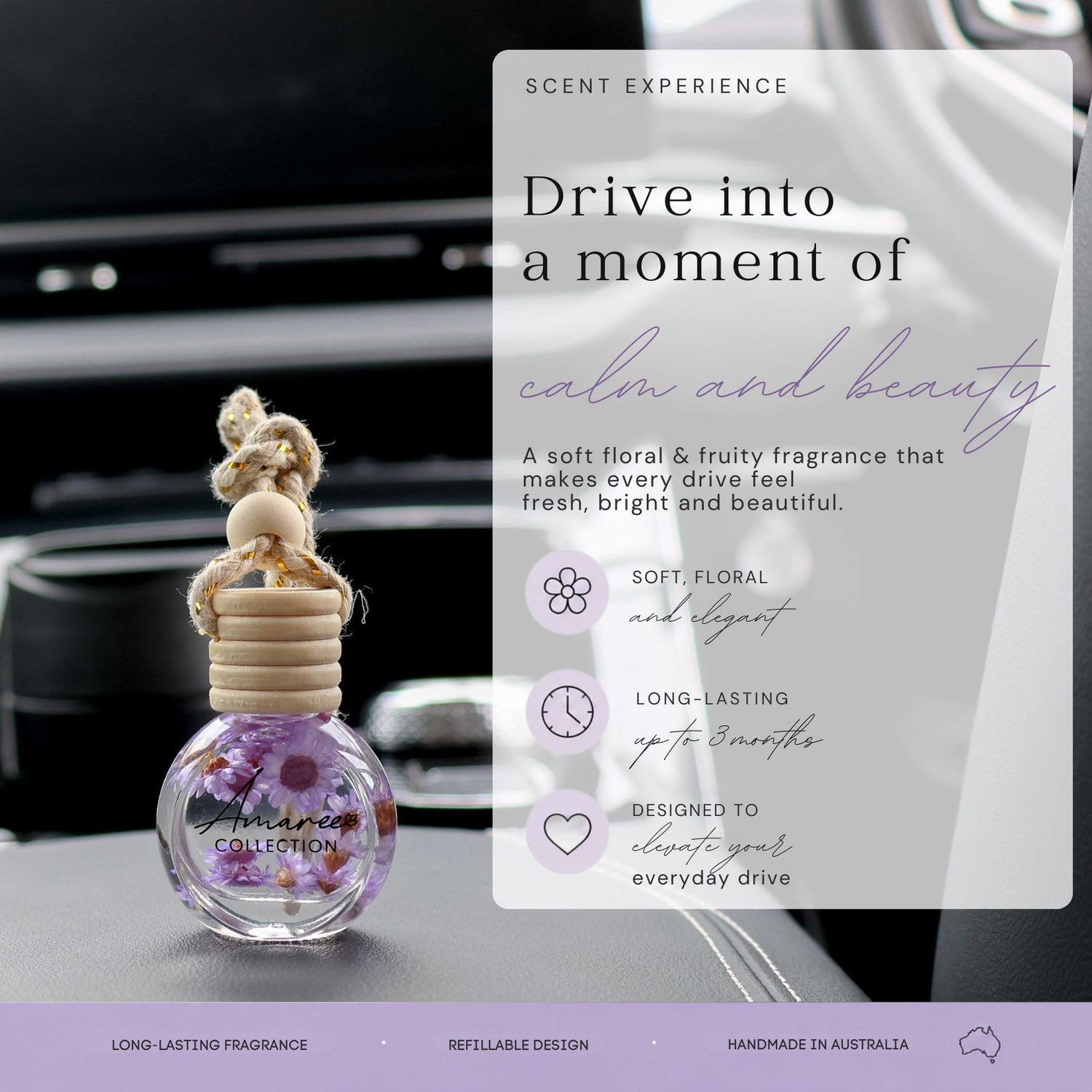 Car air freshener with a soft floral and fruity fragrance, displayed in a car interior.