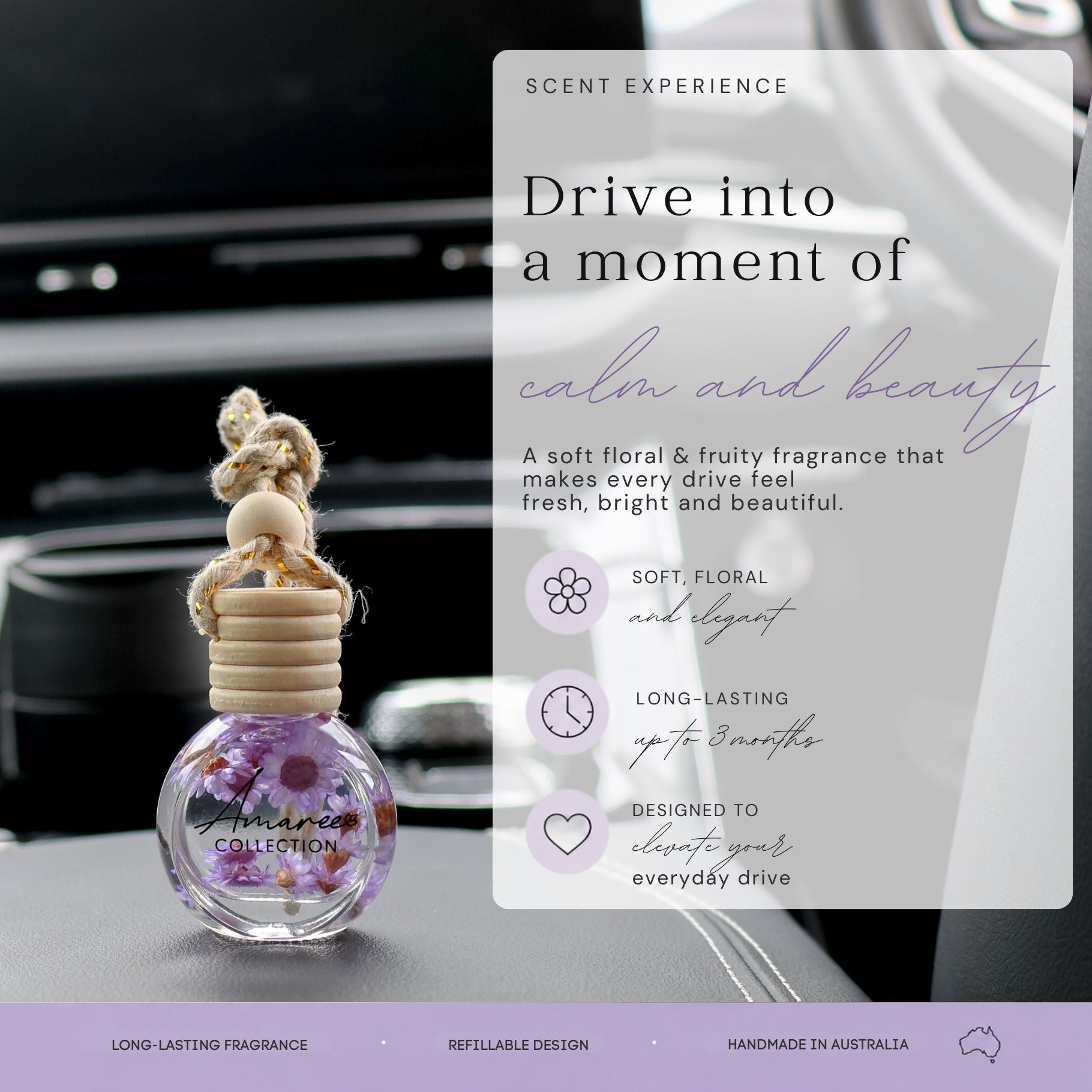 Car air freshener with a soft floral and fruity fragrance, displayed in a car interior.