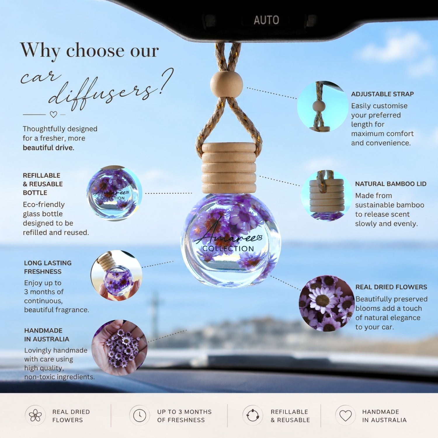 Car diffuser with bamboo lid and dried flowers, hanging from a car&