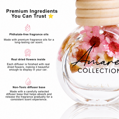 A clear glass car diffuser bottle with a light wood lid, filled with pink and red dried flowers, shown on a white background with marketing text about premium fragrance oils and real dried flowers inside.