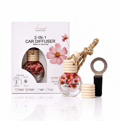 A 2-in-1 car diffuser set from the Minerva Collection, featuring a clear glass bottle with a wooden cap, pink flower petals, a hanging rope, a black and silver atomizer, and its white retail box.