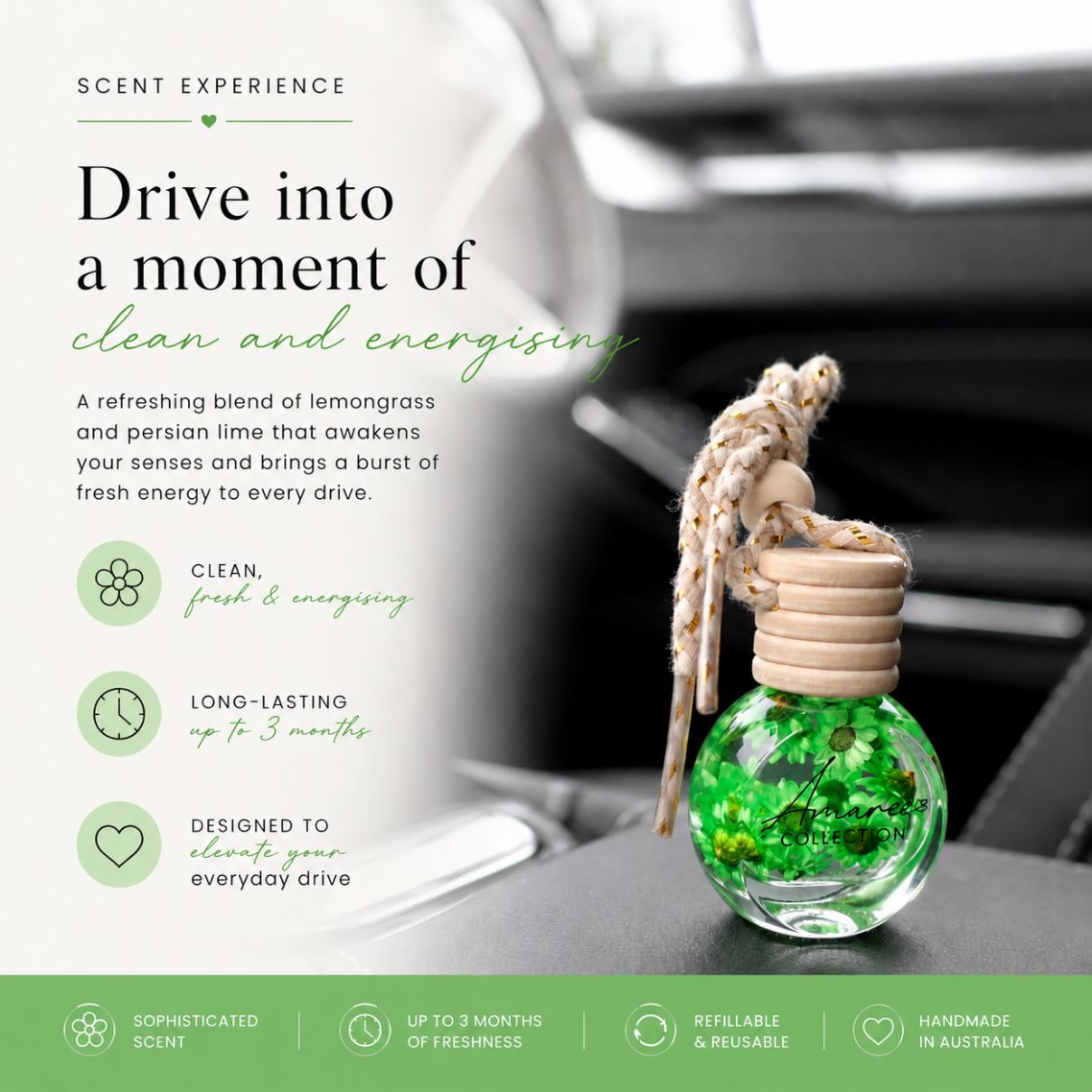 Car air freshener with green liquid on a car dashboard, featuring text about its scent experience.