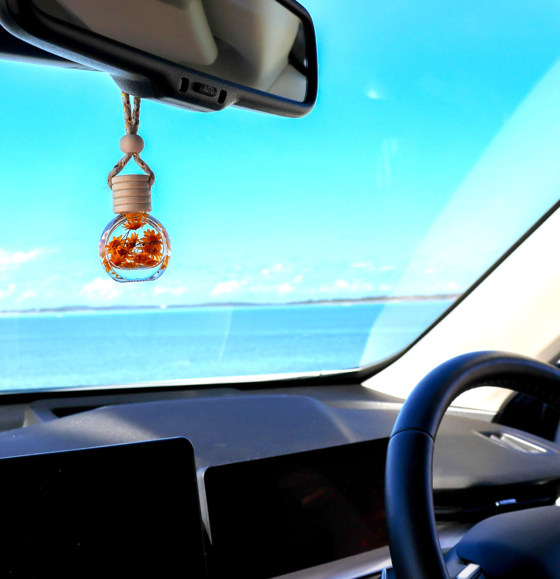 Car diffuser hanging interior with a decorative hanging item on the rearview mirror
