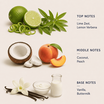 Scentsy product with lime, coconut, peach, vanilla, and buttermilk elements on a light background.