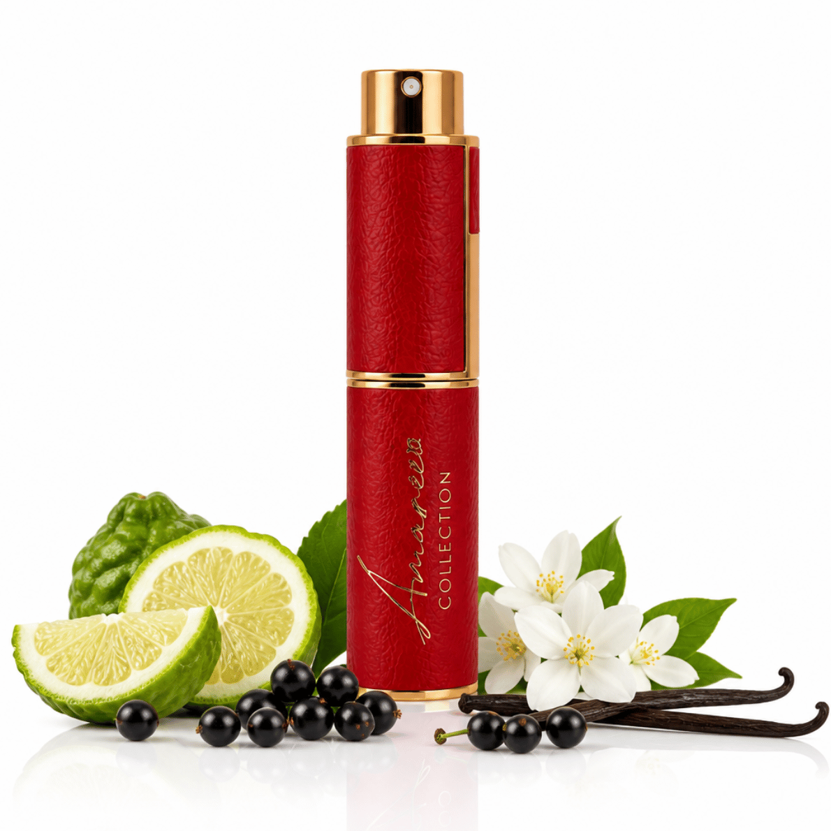 A red cylindrical cosmetic bottle with gold trim and the text &