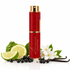 A red cylindrical cosmetic bottle with gold trim and the text &