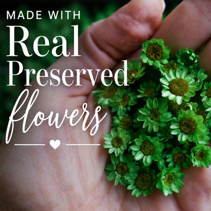 Hand holding a small bouquet of green preserved flowers with text &