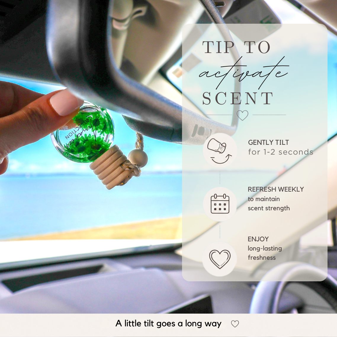 Car air freshener with instructions on how to activate the scent, displayed inside a car.