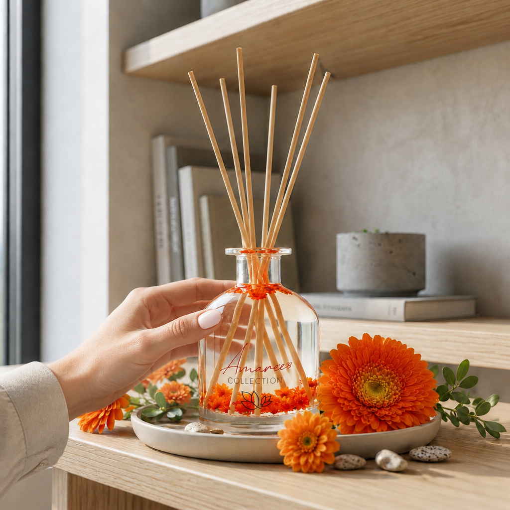 Hand holding a diffuser with orange flowers and decor on a wooden surface
