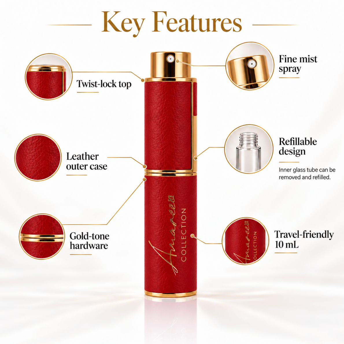 A red and gold refillable perfume atomizer bottle labeled &