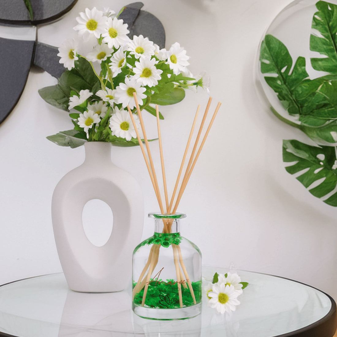 lemongrass reed diffuser with flowers
