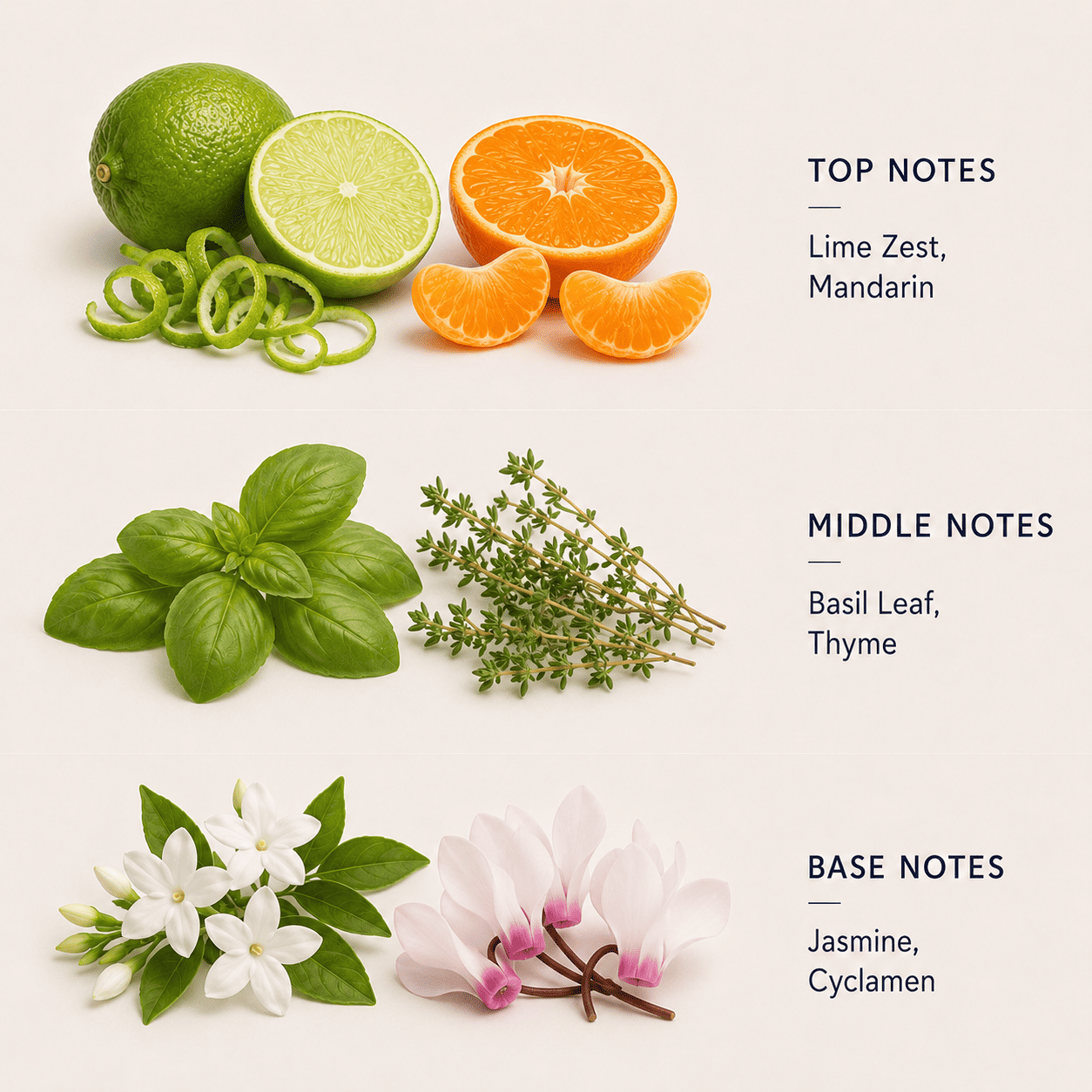 Fruits, herbs, and flowers with notes on a light background