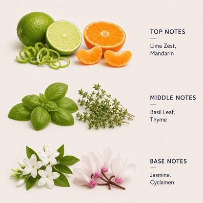 Fruits, herbs, and flowers with notes on a light background